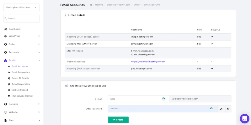 Creación de cuentas de correo electrónico en el panel de control de Hostinger