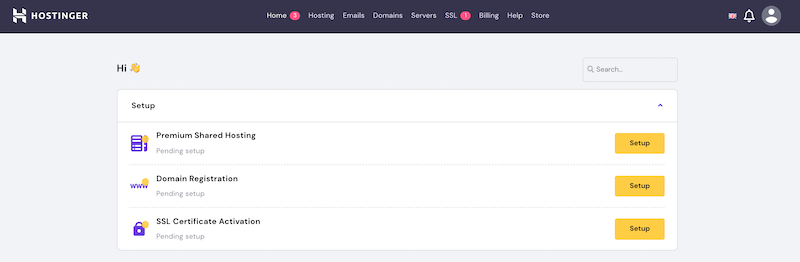 Ventana de configuración de Hostinger