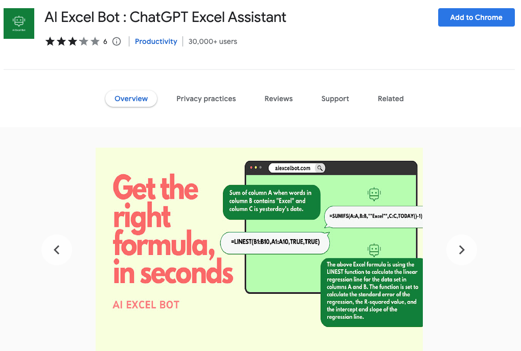 Las mejores extensiones de Chrome AI: AI Excel Bot