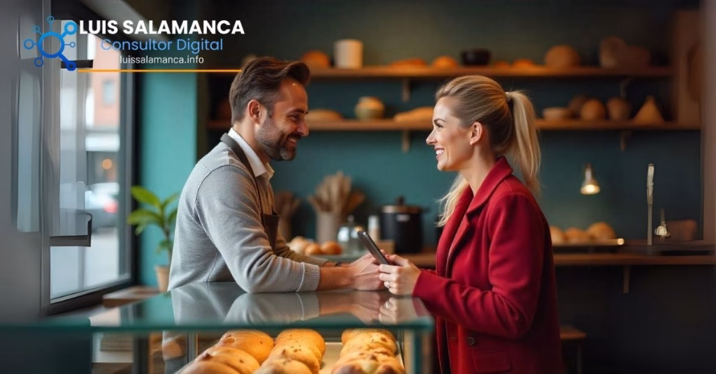 Pareja sonriente en una cafetería conversando.