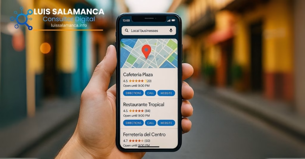 Teléfono mostrando negocios locales en un mapa.
