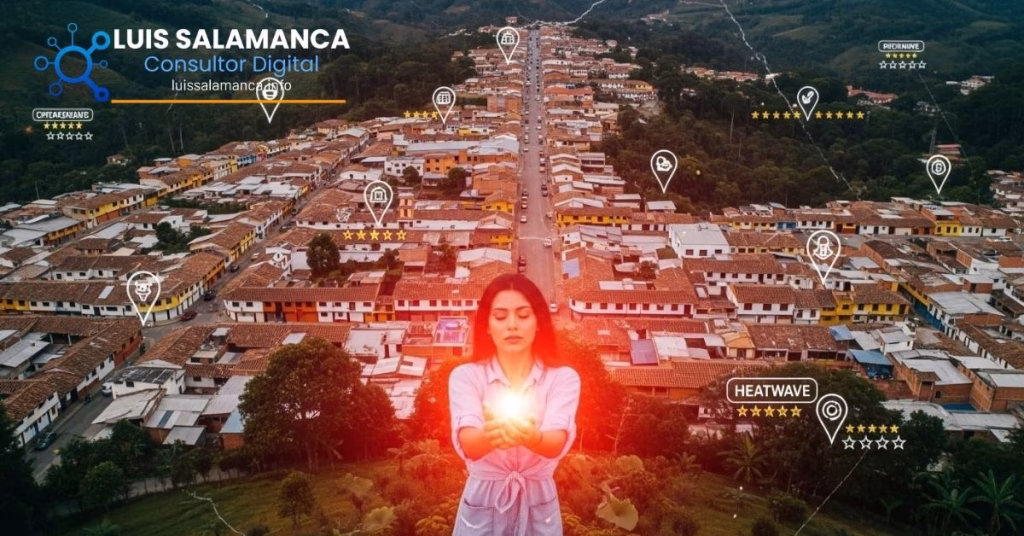 Vista aérea de un pueblo con una mujer sosteniendo luz.