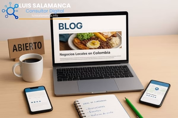 Laptop mostrando ideas de contenido local en blog sobre negocios en Colombia.
