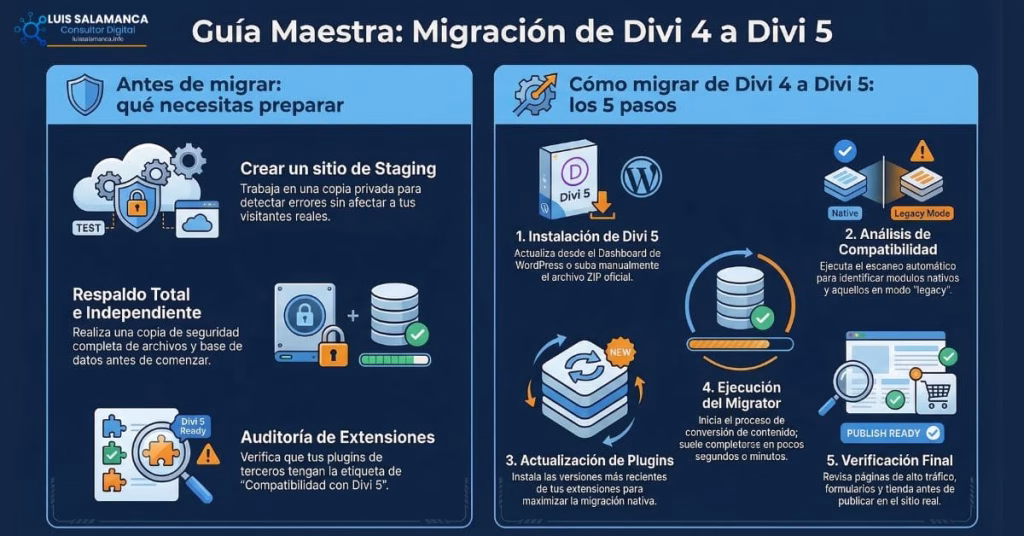 Infografía: pasos para migrar de Divi 4 a Divi 5, incluyendo staging, respaldo, auditoría de plugins y ejecución del Migrator