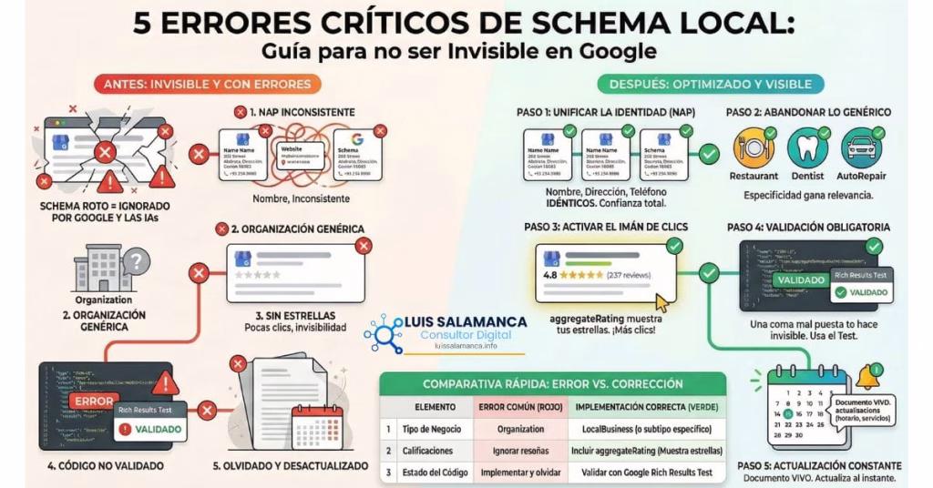 Infografía comparativa de los 5 errores críticos al implementar Schema en negocios locales y cómo corregirlos para ser visible en Google