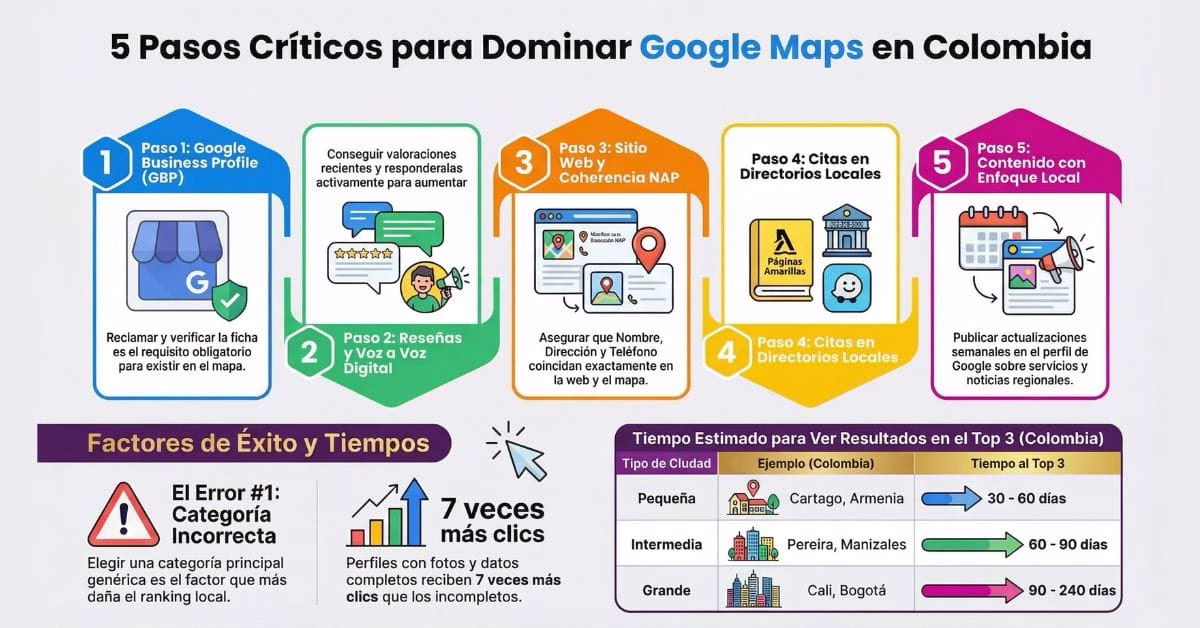 Infografía con los 5 pasos críticos para posicionar un negocio en Google Maps en Colombia: Google Business Profile, reseñas, sitio web con coherencia NAP, directorios locales y contenido local, con tiempos estimados para ciudades como Cartago, Pereira y Cali