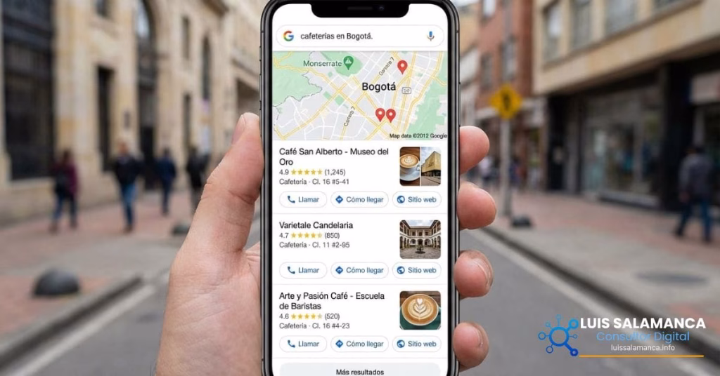 Local Pack de Google mostrando tres negocios locales en una búsqueda en Villavicencio o Pereira