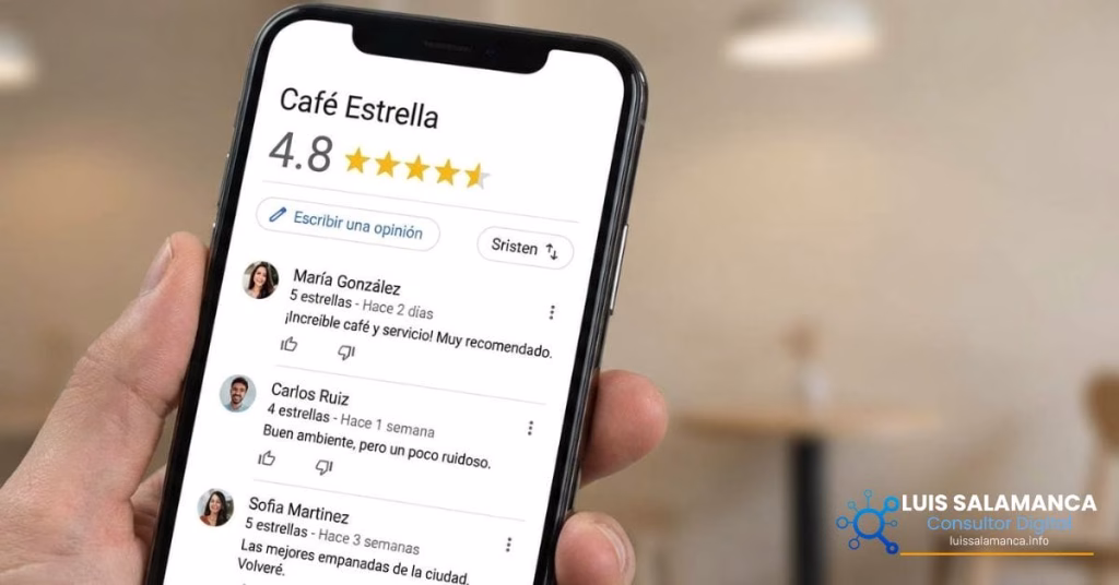 Pantalla de móvil con reseñas de cinco estrellas de Google para un negocio local colombiano