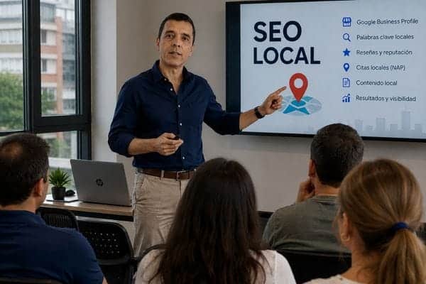 Luis Salamanca explicando estrategia de SEO local en sesión de formación para negocios colombianos